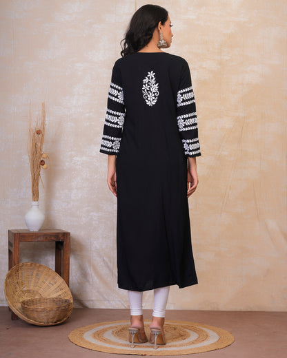 chikankari Long Kurta in Rayon Cotton for Women - Black