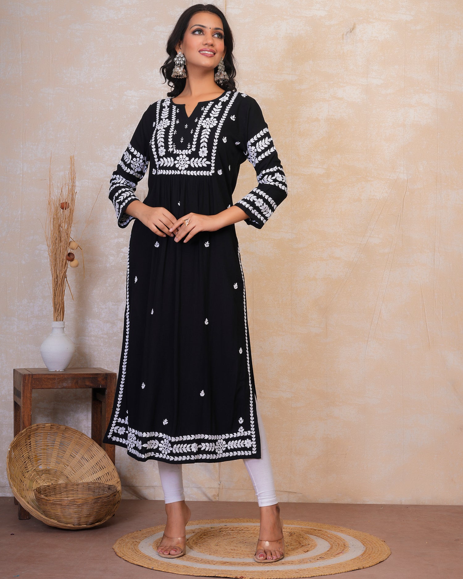 chikankari Long Kurta in Rayon Cotton for Women - Black