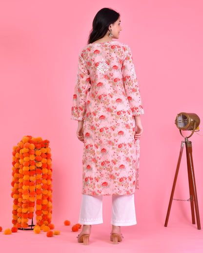 Mul Printed Hand Embroidery Chikankari Kurta- Pink