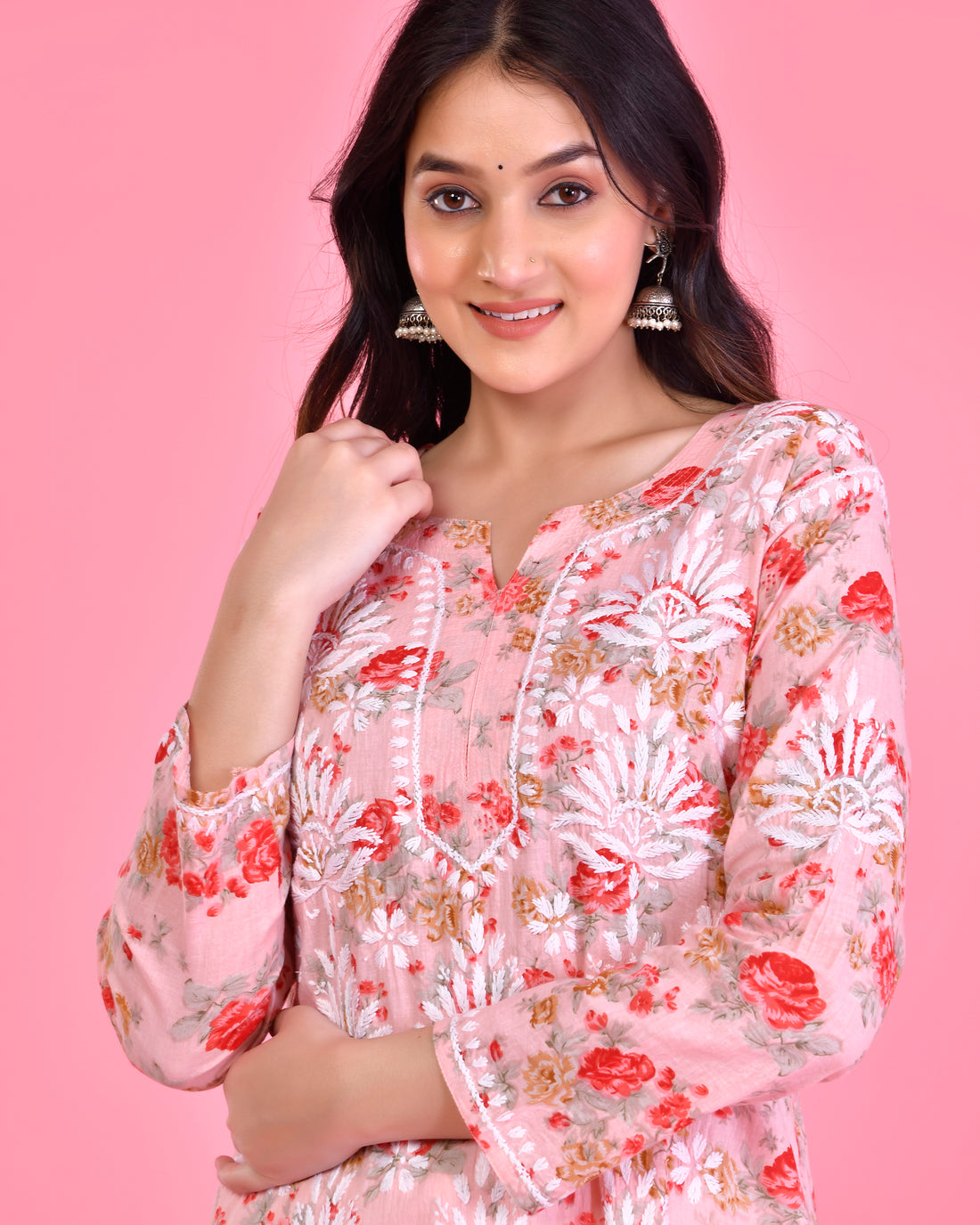 Mul Printed Hand Embroidery Chikankari Kurta- Pink