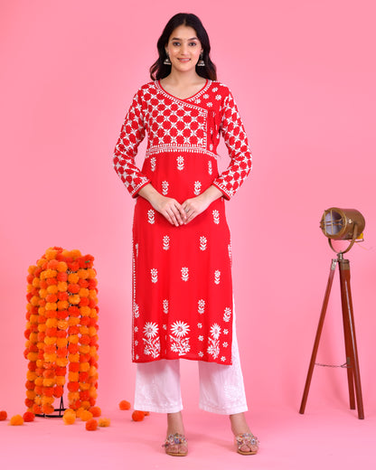 Red Modal Angrakha Style Kurta in Modal Cotton