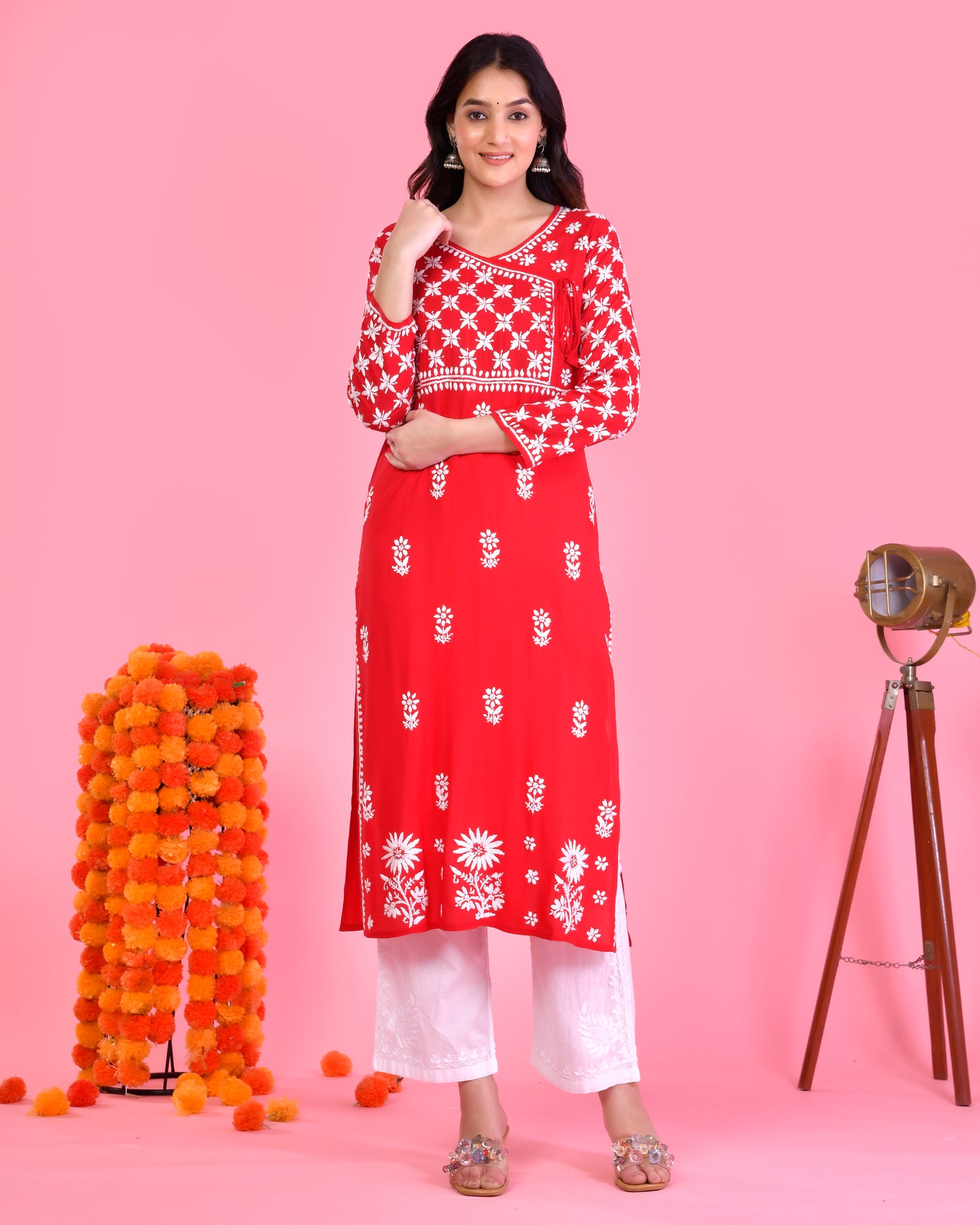 Red Modal Angrakha Style Kurta in Modal Cotton