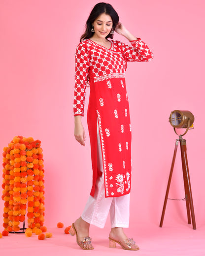 Red Modal Angrakha Style Kurta in Modal Cotton