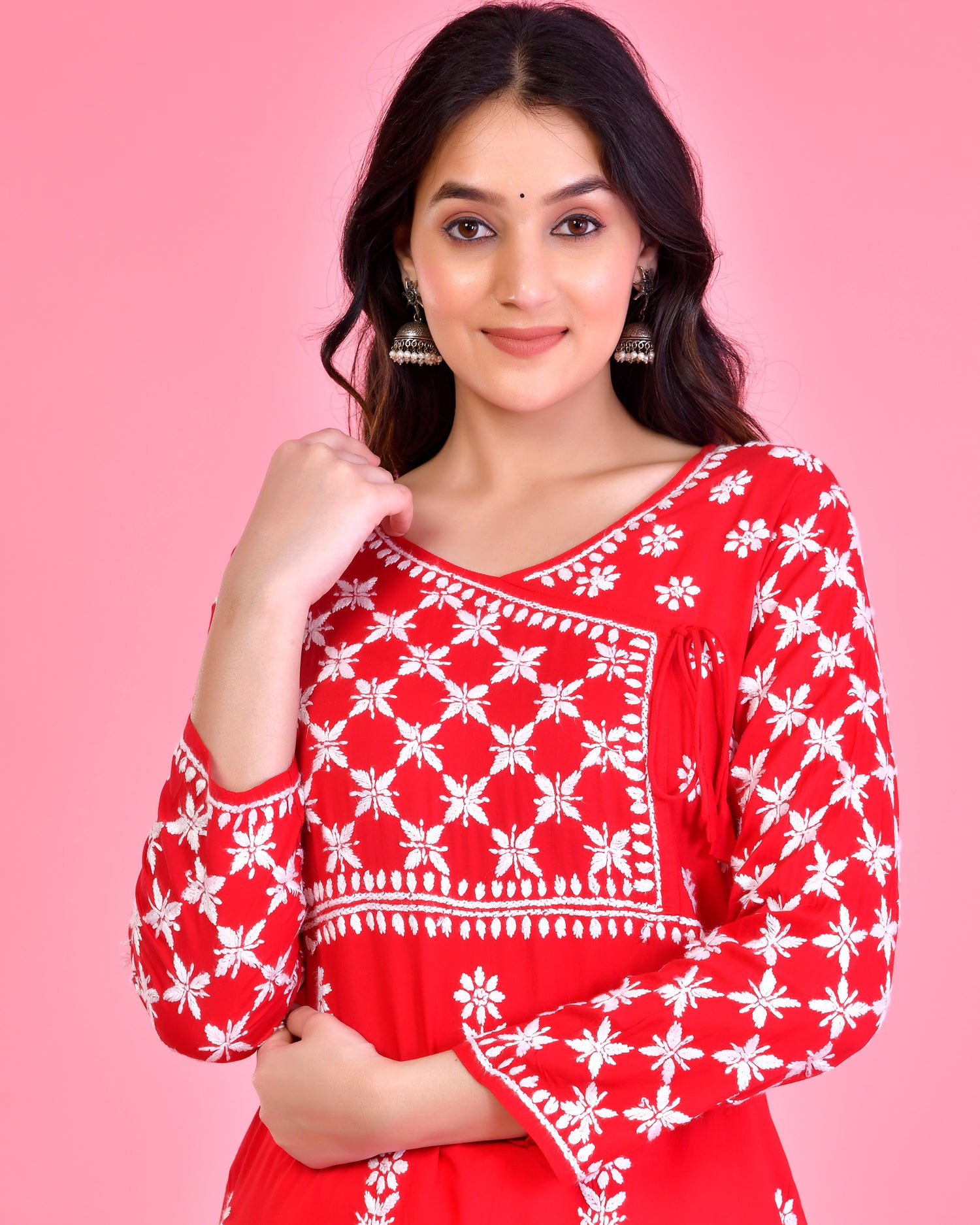 Red Modal Angrakha Style Kurta in Modal Cotton