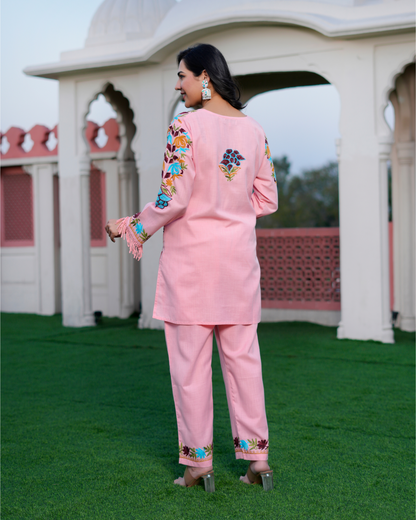 Kashmiri Aari Work Cotton Kurta Set - Peach Pink