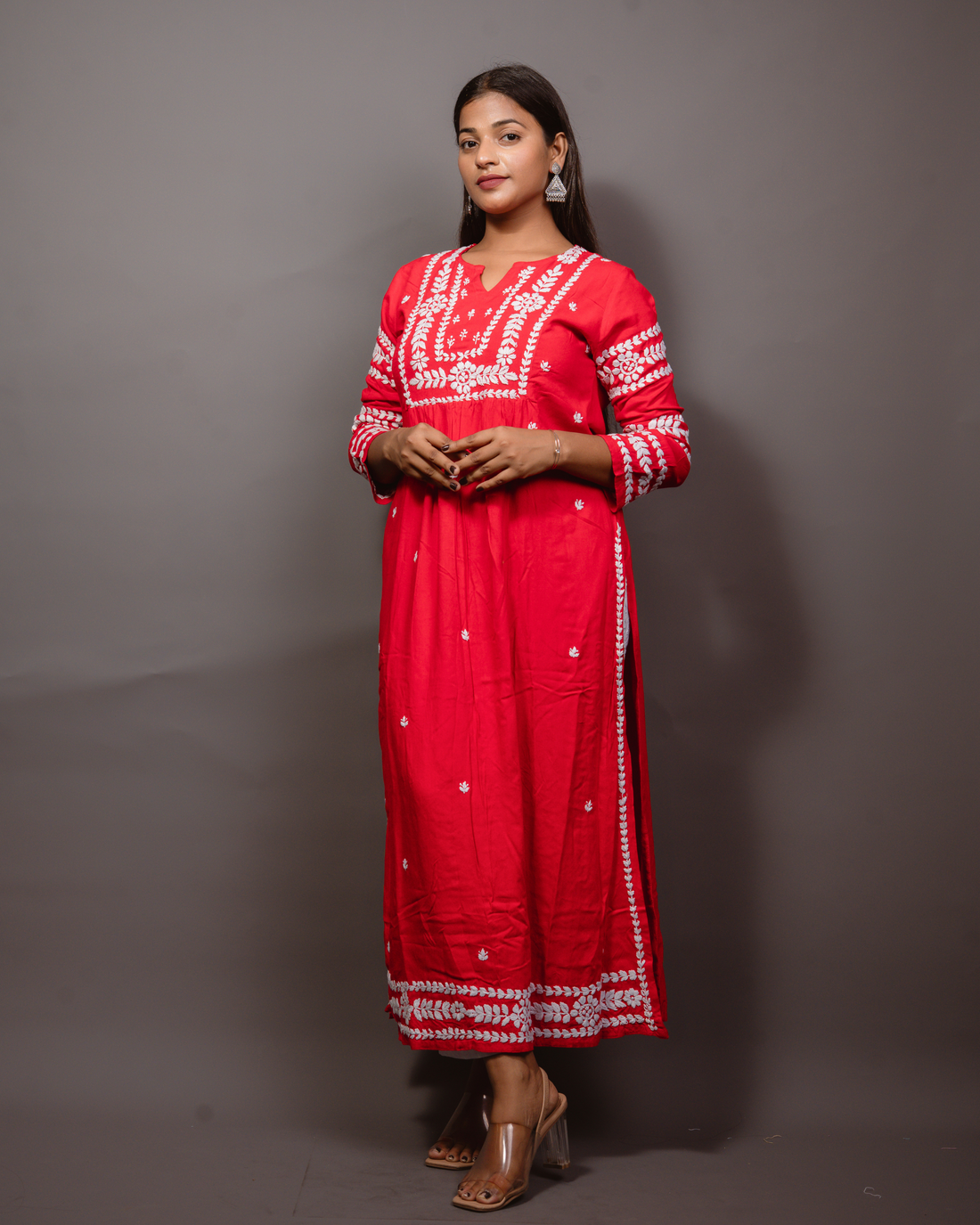 Ethnic Motifs Embroidered Thread Work Detail Pleated Staighht Kurta-Red