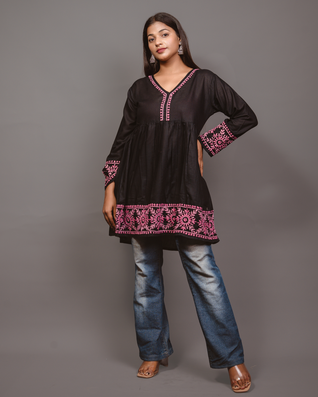 Cotton Chikankari Short Kurta in Black