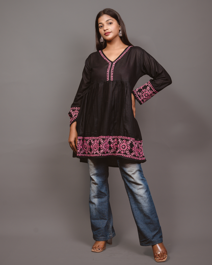 Cotton Chikankari Short Kurta in Black