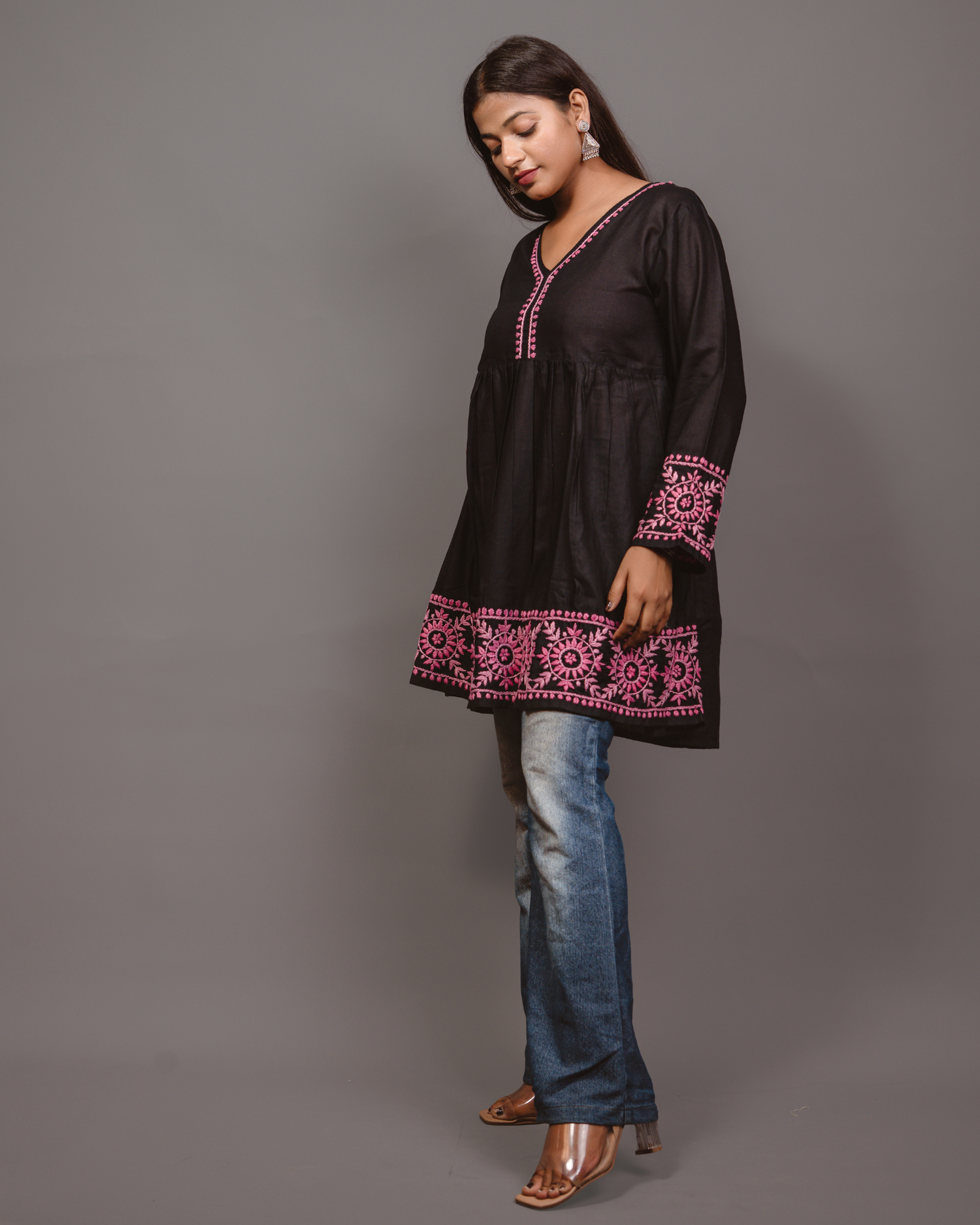 Cotton Chikankari Short Kurta in Black