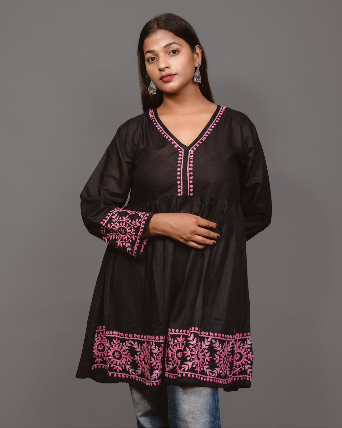 Cotton Chikankari Short Kurta in Black