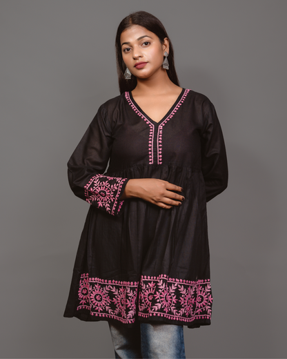 Cotton Chikankari Short Kurta in Black
