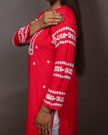 Ethnic Motifs Embroidered Thread Work Detail Pleated Staighht Kurta-Red