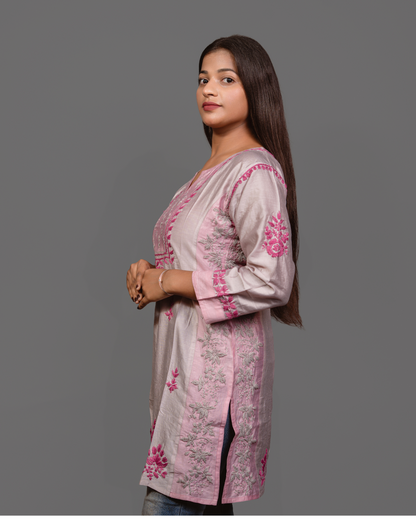 Chikankari kurta in Chanderi Silk - Grey With pink