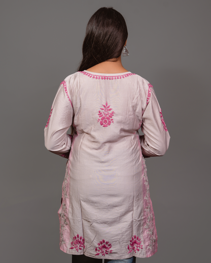 Chikankari kurta in Chanderi Silk - Grey With pink