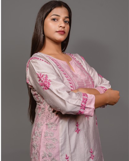 Chikankari kurta in Chanderi Silk - Grey With pink