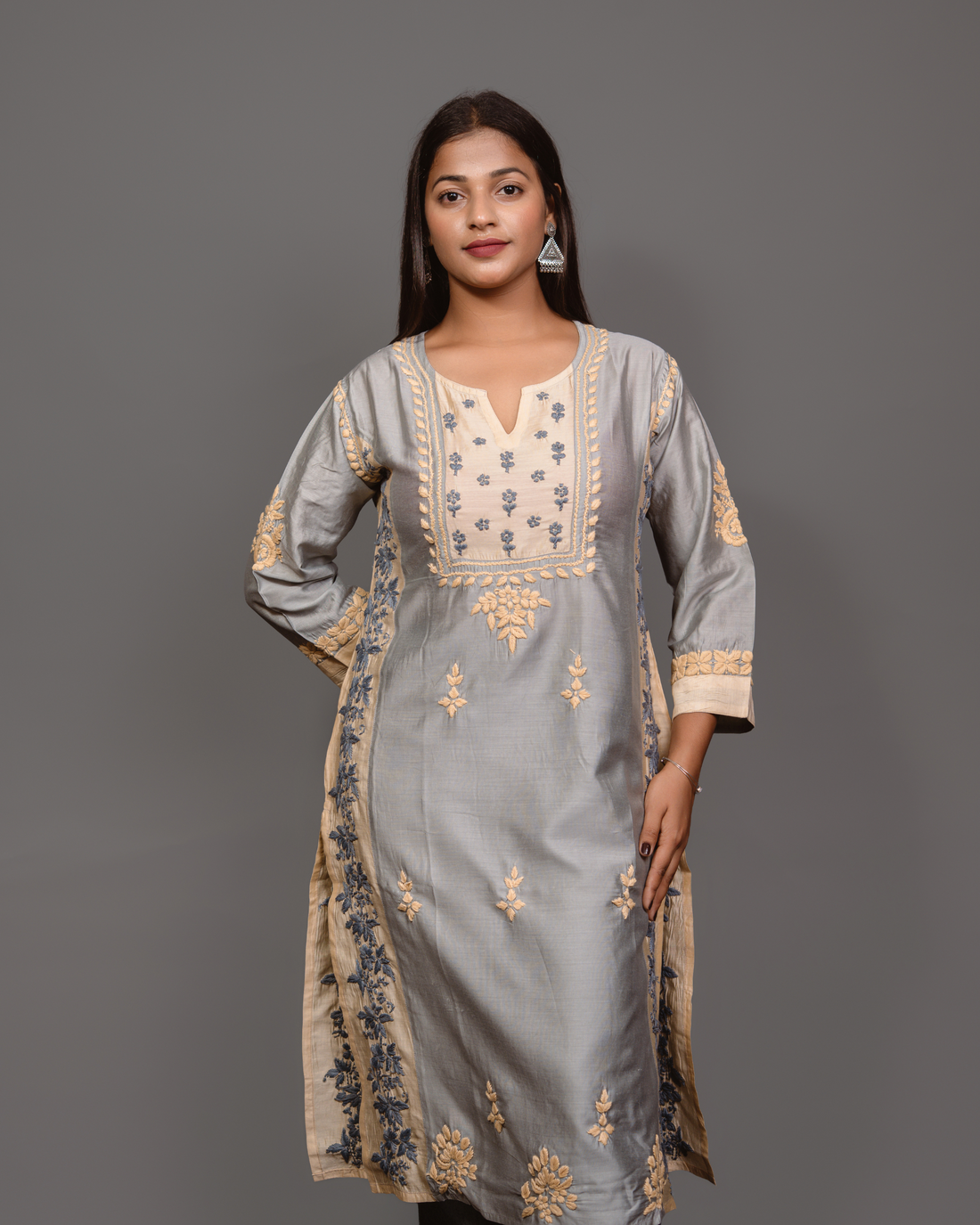 Chikankari kurta in Chanderi Silk - Grey With Baige