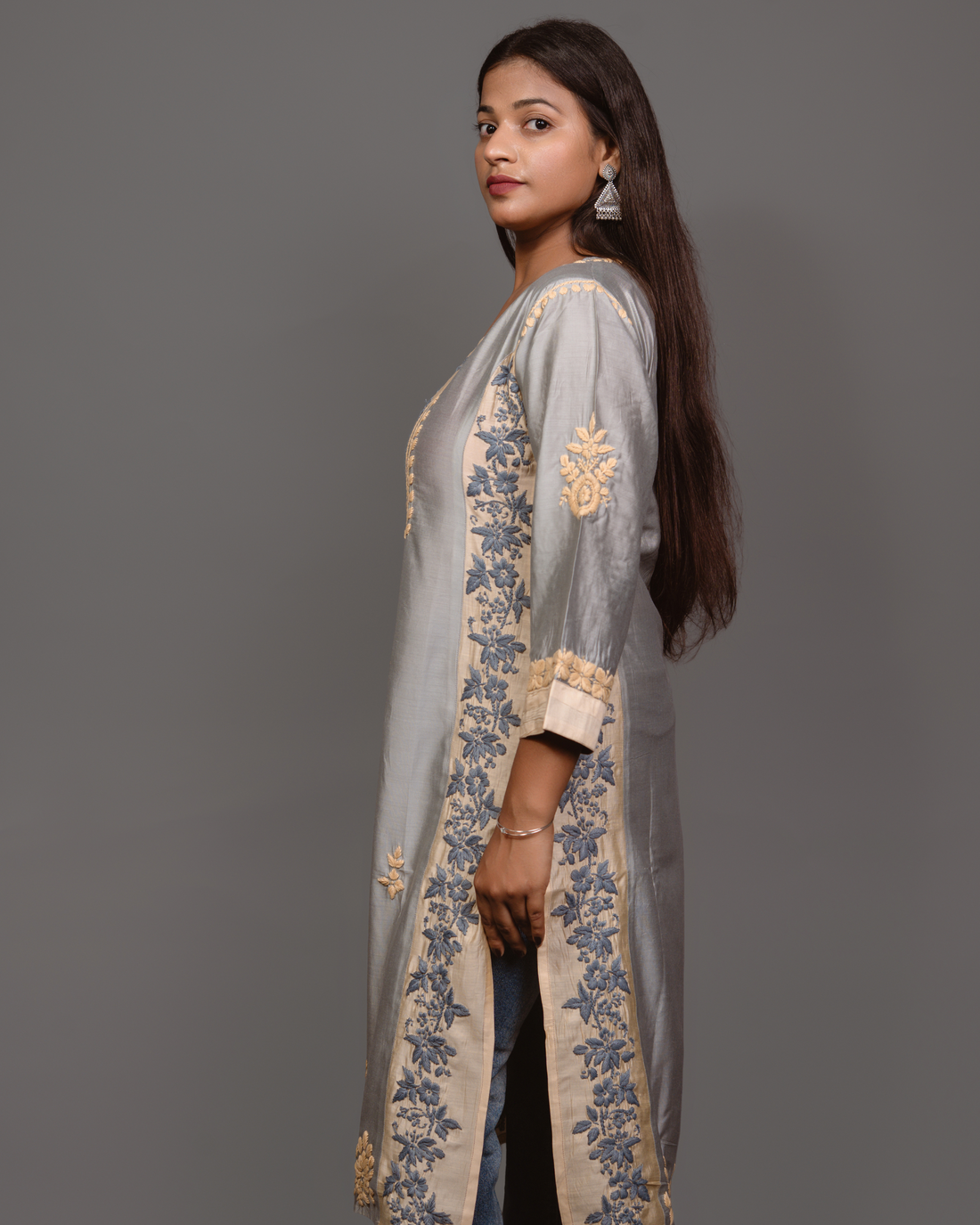 Chikankari kurta in Chanderi Silk - Grey With Baige