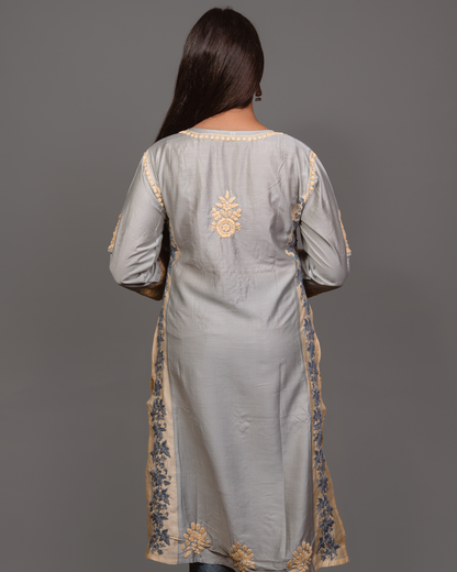Chikankari kurta in Chanderi Silk - Grey With Baige