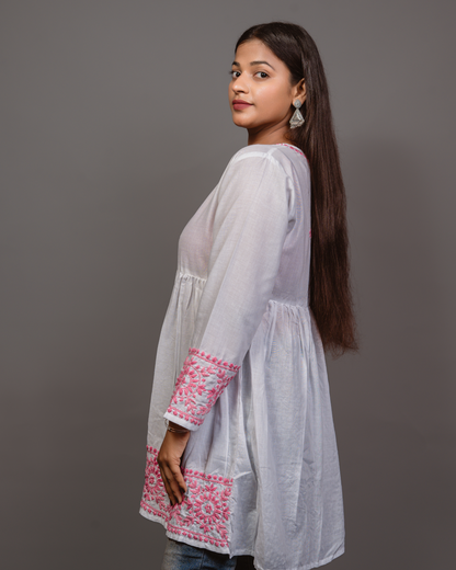 Cotton Chikankari Short Kurta in White