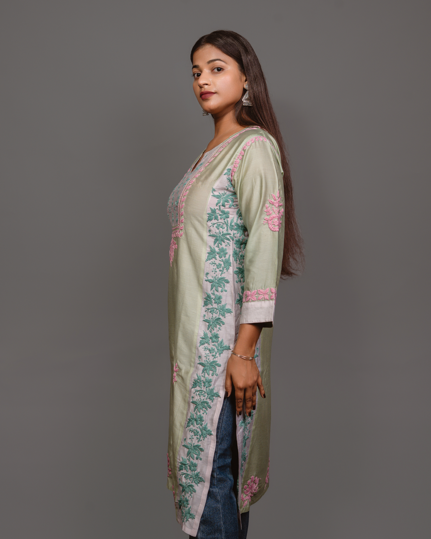 Chikankari kurta in Chanderi Silk - Lite Green With Pink