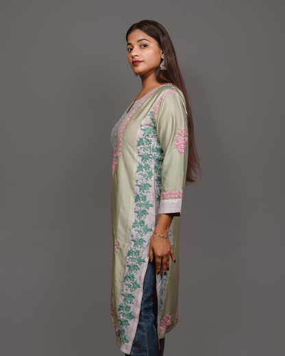 Chikankari kurta in Chanderi Silk - Lite Green With Pink