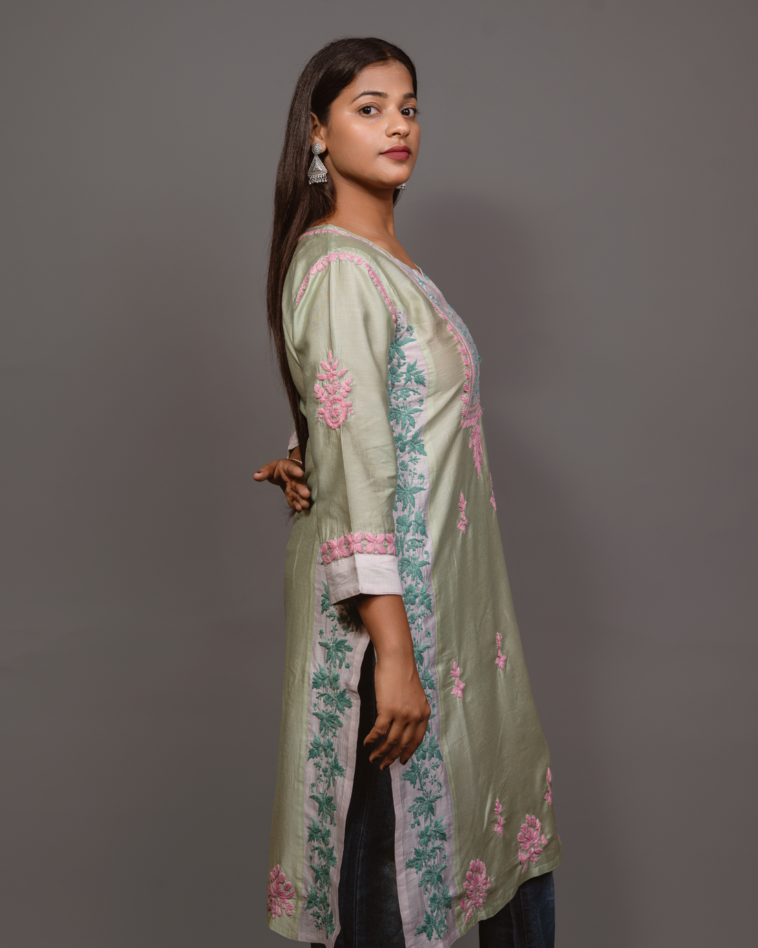 Chikankari kurta in Chanderi Silk - Lite Green With Pink