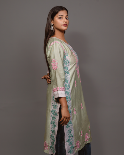 Chikankari kurta in Chanderi Silk - Lite Green With Pink