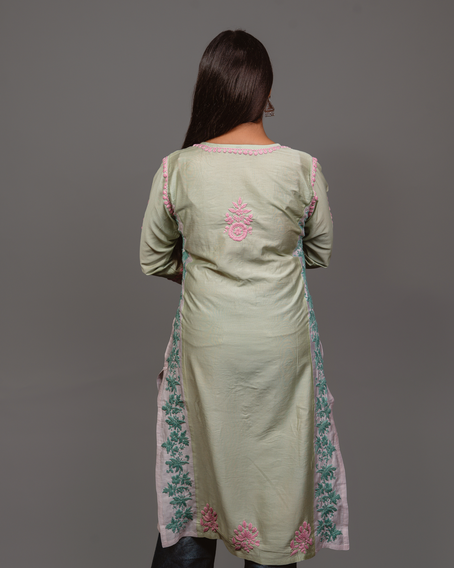Chikankari kurta in Chanderi Silk - Lite Green With Pink