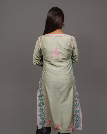 Chikankari kurta in Chanderi Silk - Lite Green With Pink