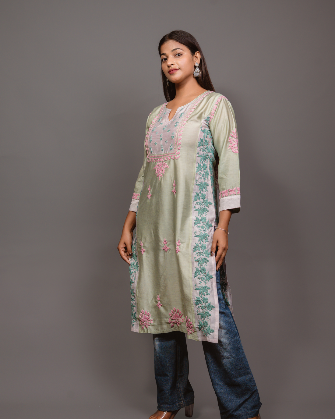 Chikankari kurta in Chanderi Silk - Lite Green With Pink