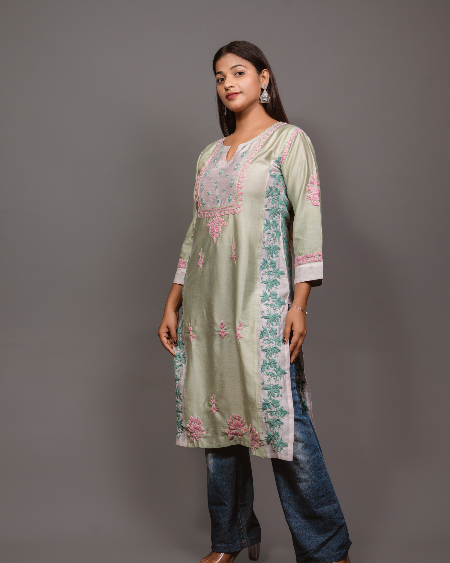 Chikankari kurta in Chanderi Silk - Lite Green With Pink