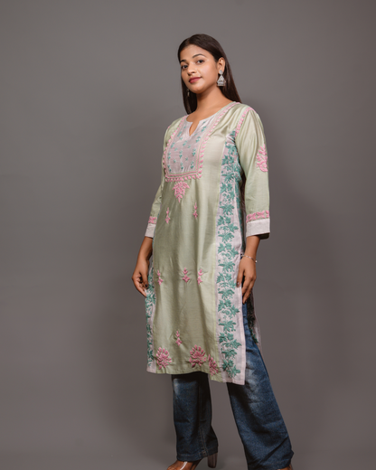 Chikankari kurta in Chanderi Silk - Lite Green With Pink