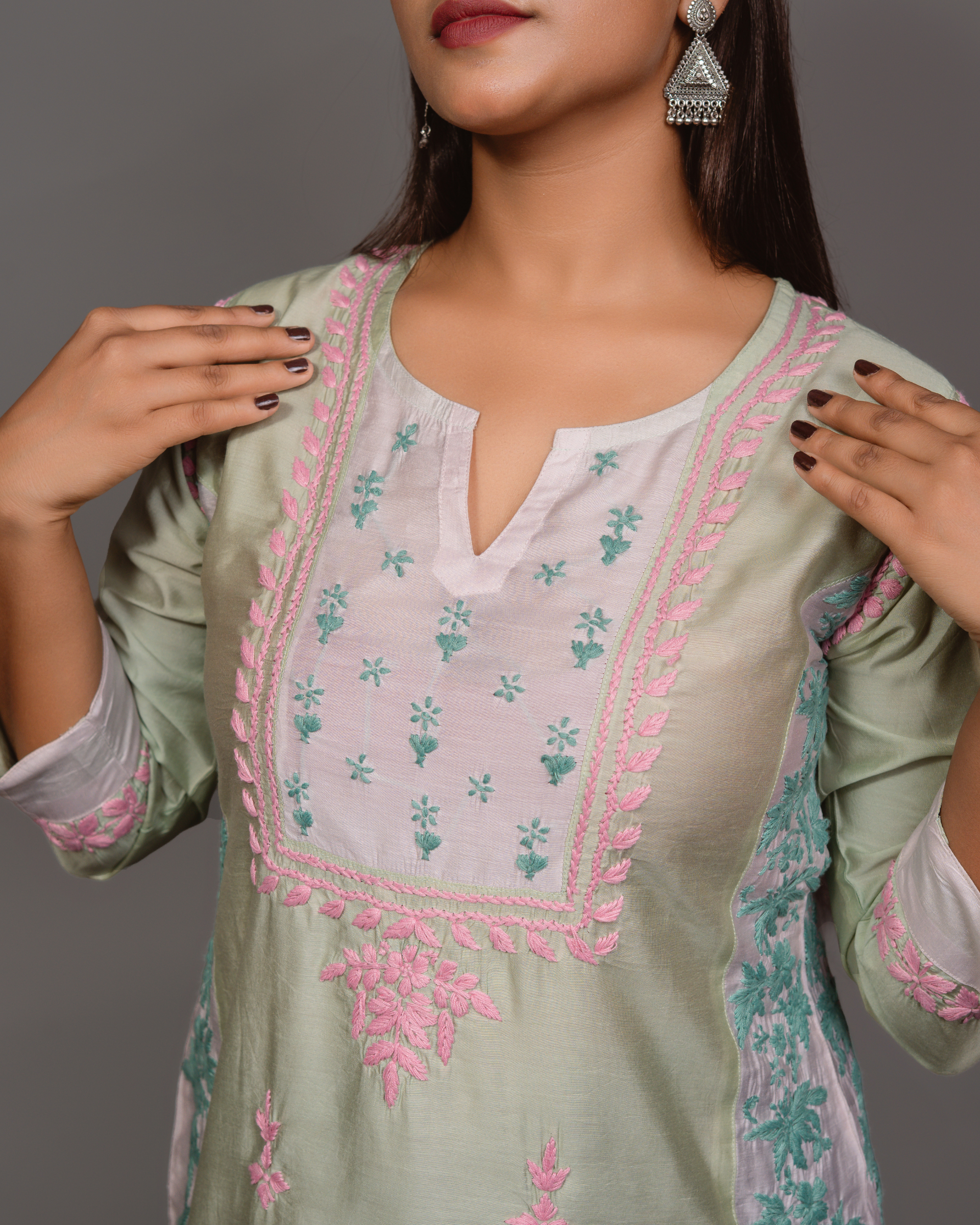 Chikankari kurta in Chanderi Silk - Lite Green With Pink