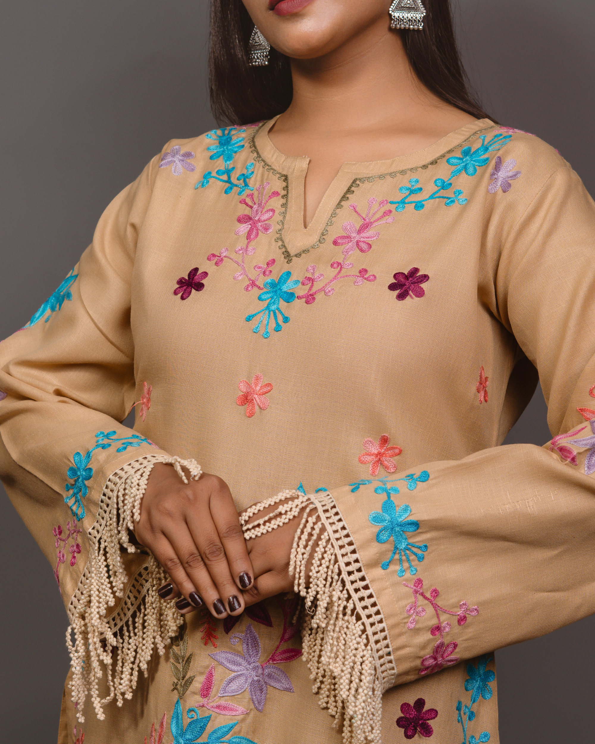 Kashmiri Long Kurta - Beige