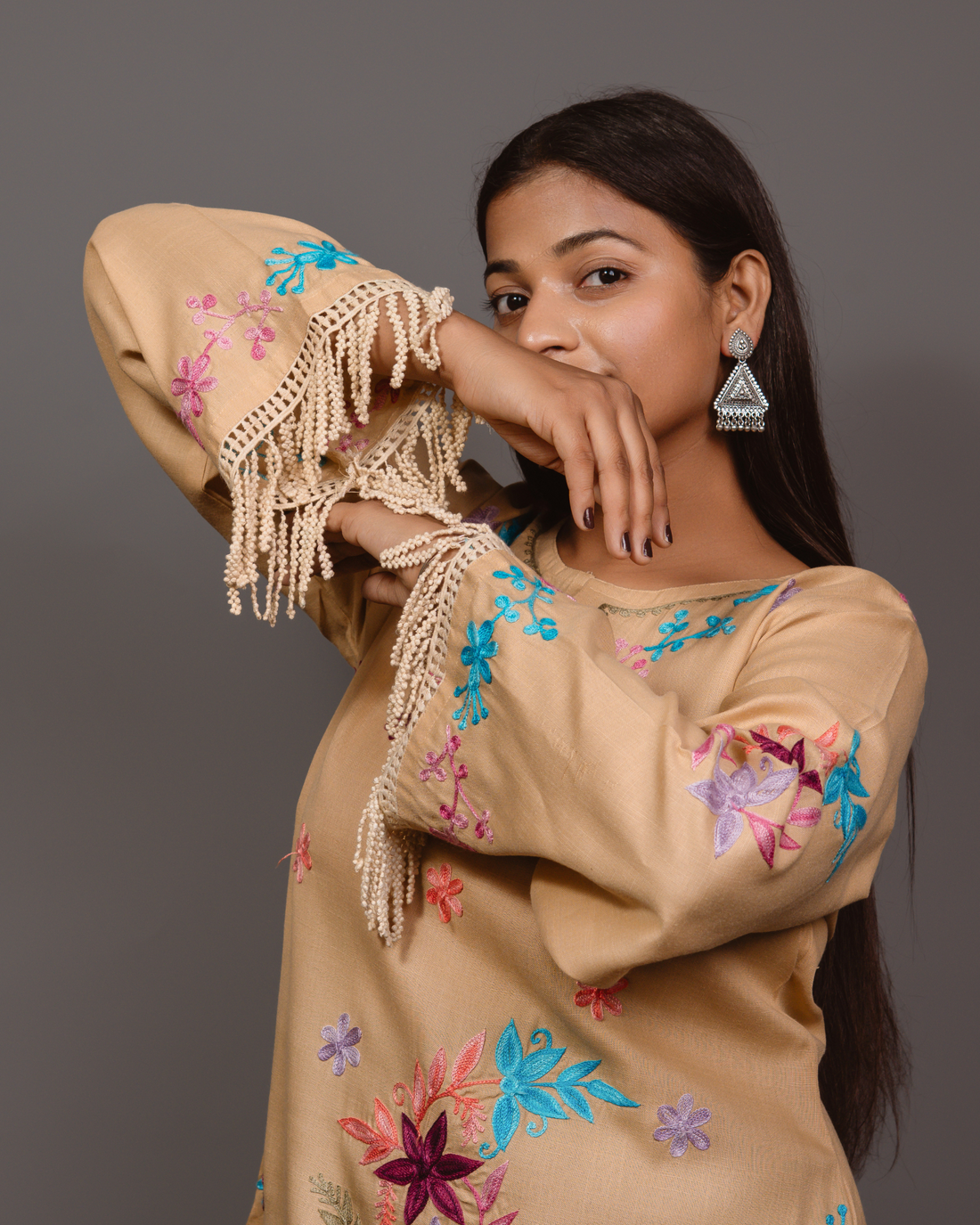 Kashmiri Long Kurta - Beige
