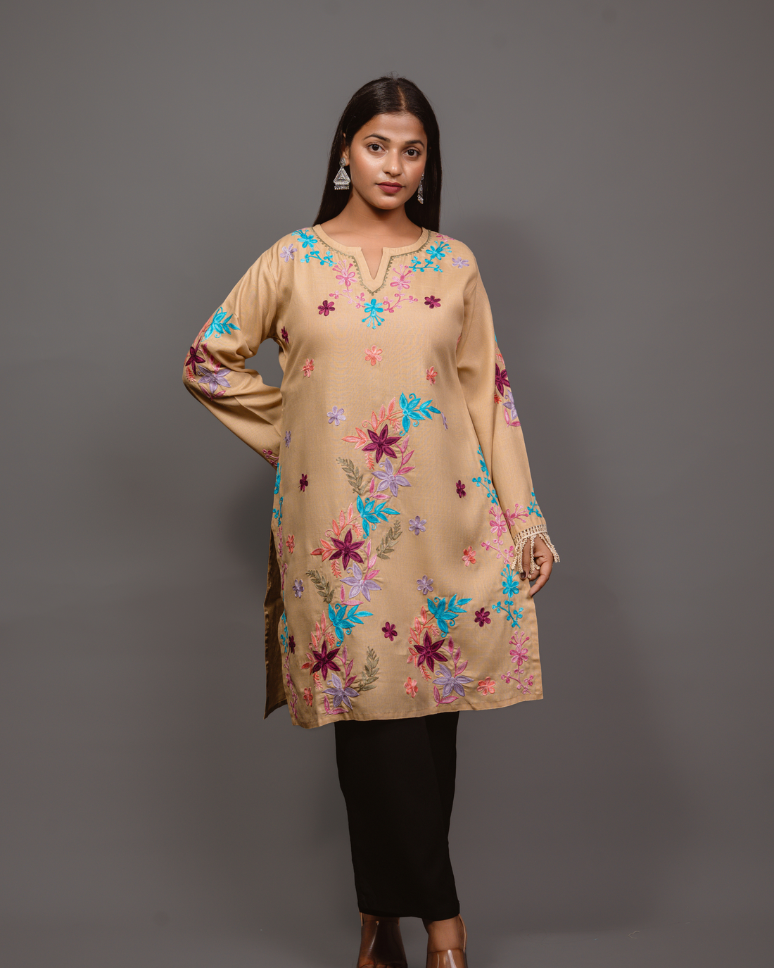 Kashmiri Long Kurta - Beige