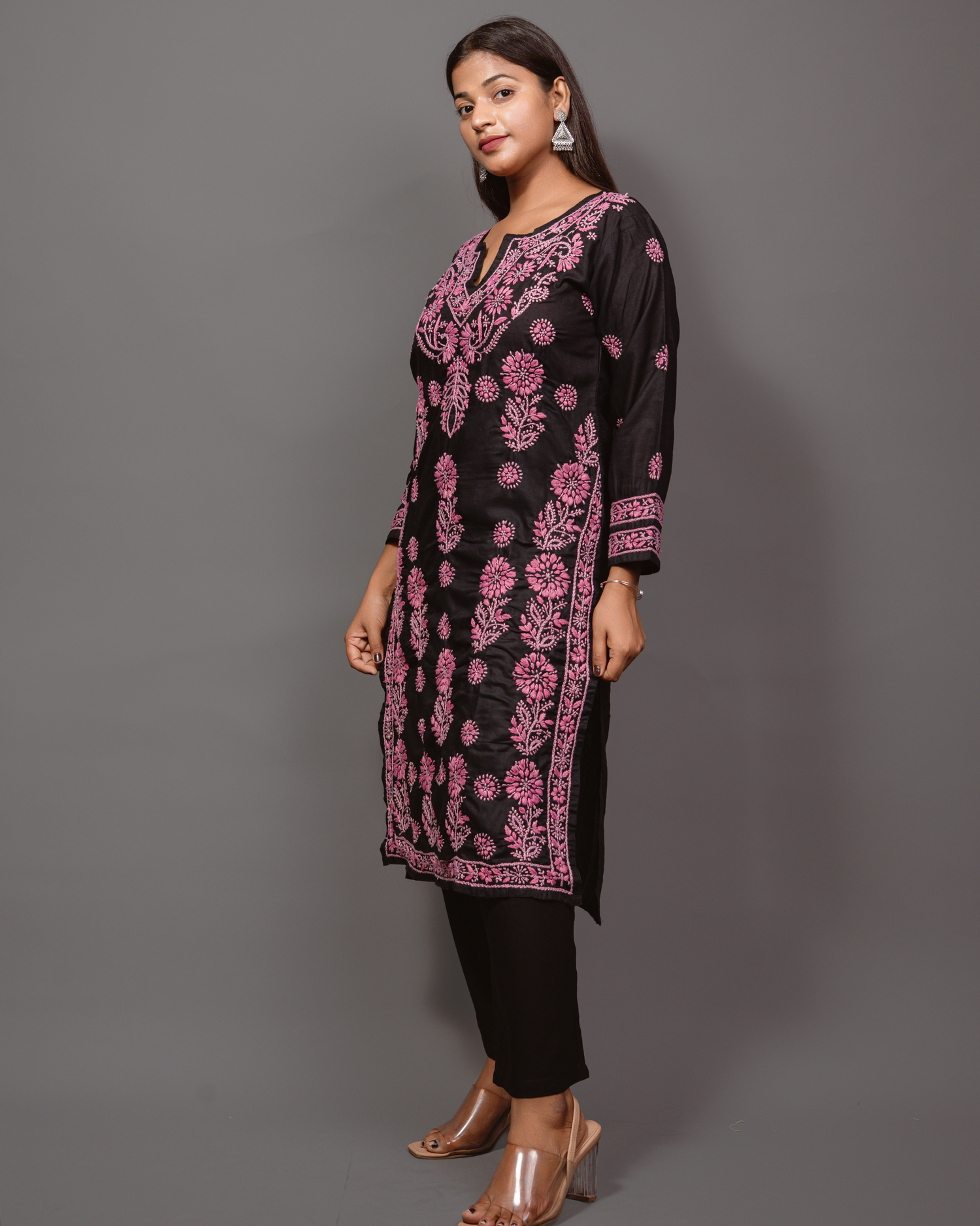 Cotton Chikankari Long Kurta in Black to Pink Embroidery