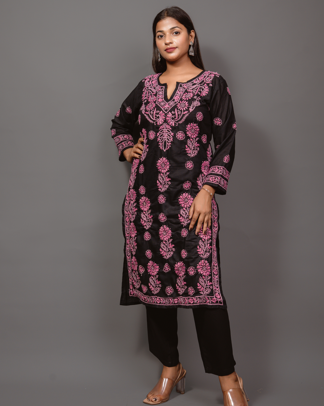 Cotton Chikankari Long Kurta in Black to Pink Embroidery