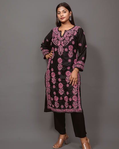 Cotton Chikankari Long Kurta in Black to Pink Embroidery