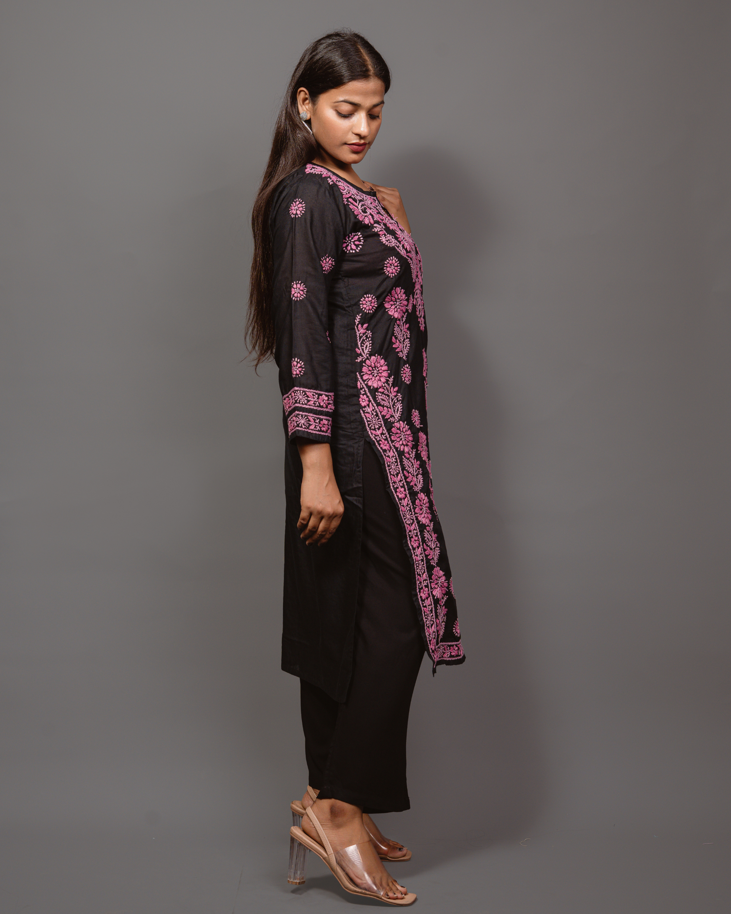 Cotton Chikankari Long Kurta in Black to Pink Embroidery