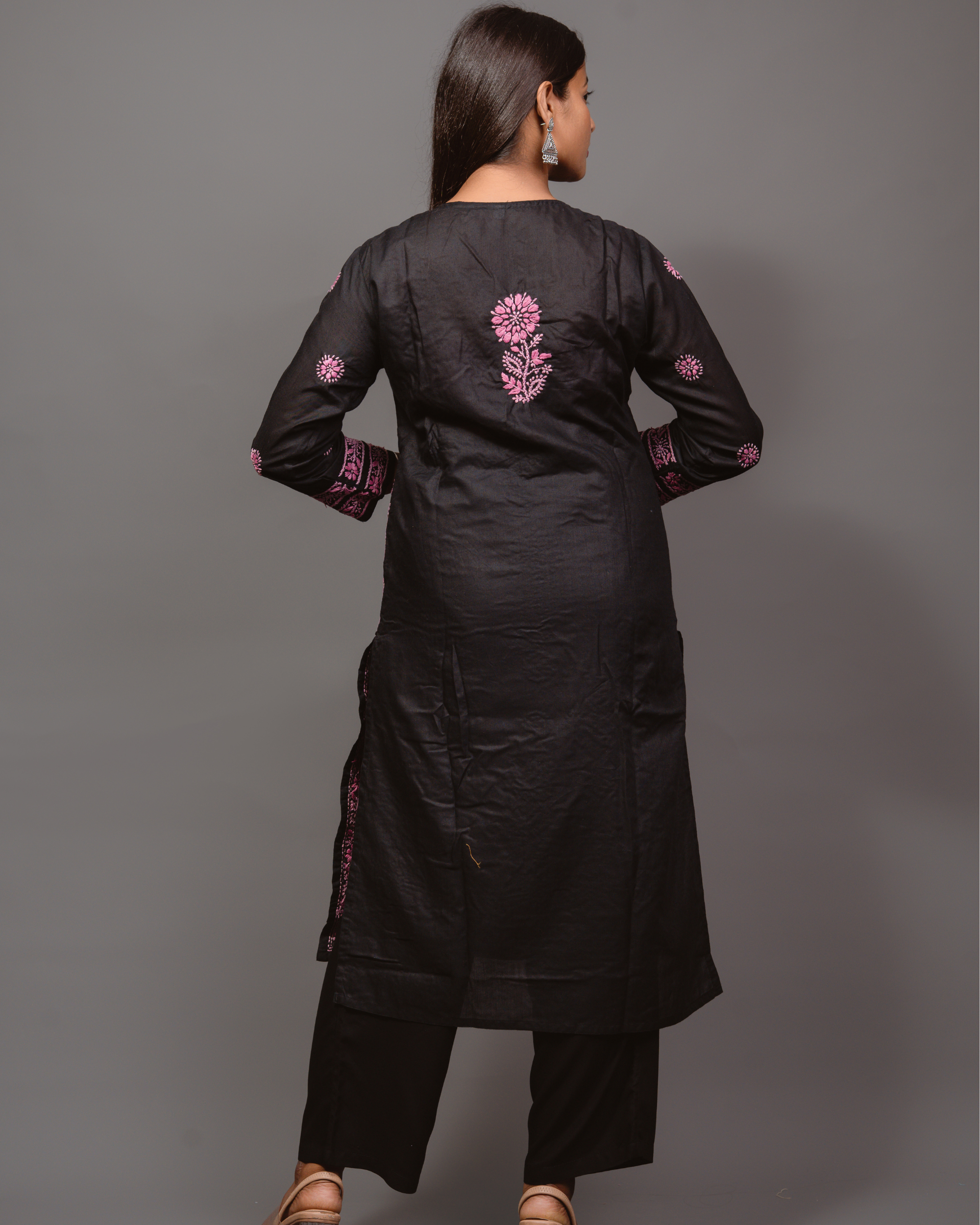 Cotton Chikankari Long Kurta in Black to Pink Embroidery