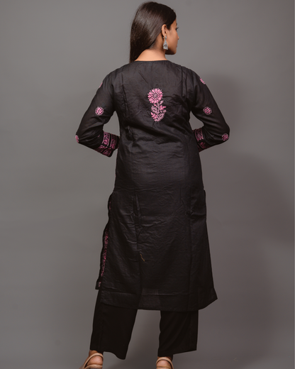 Cotton Chikankari Long Kurta in Black to Pink Embroidery