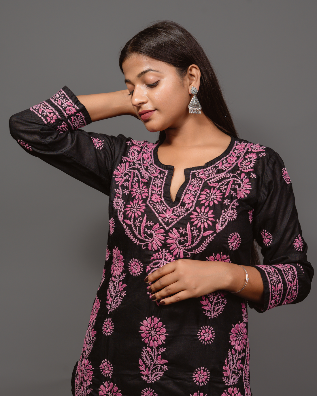 Cotton Chikankari Long Kurta in Black to Pink Embroidery