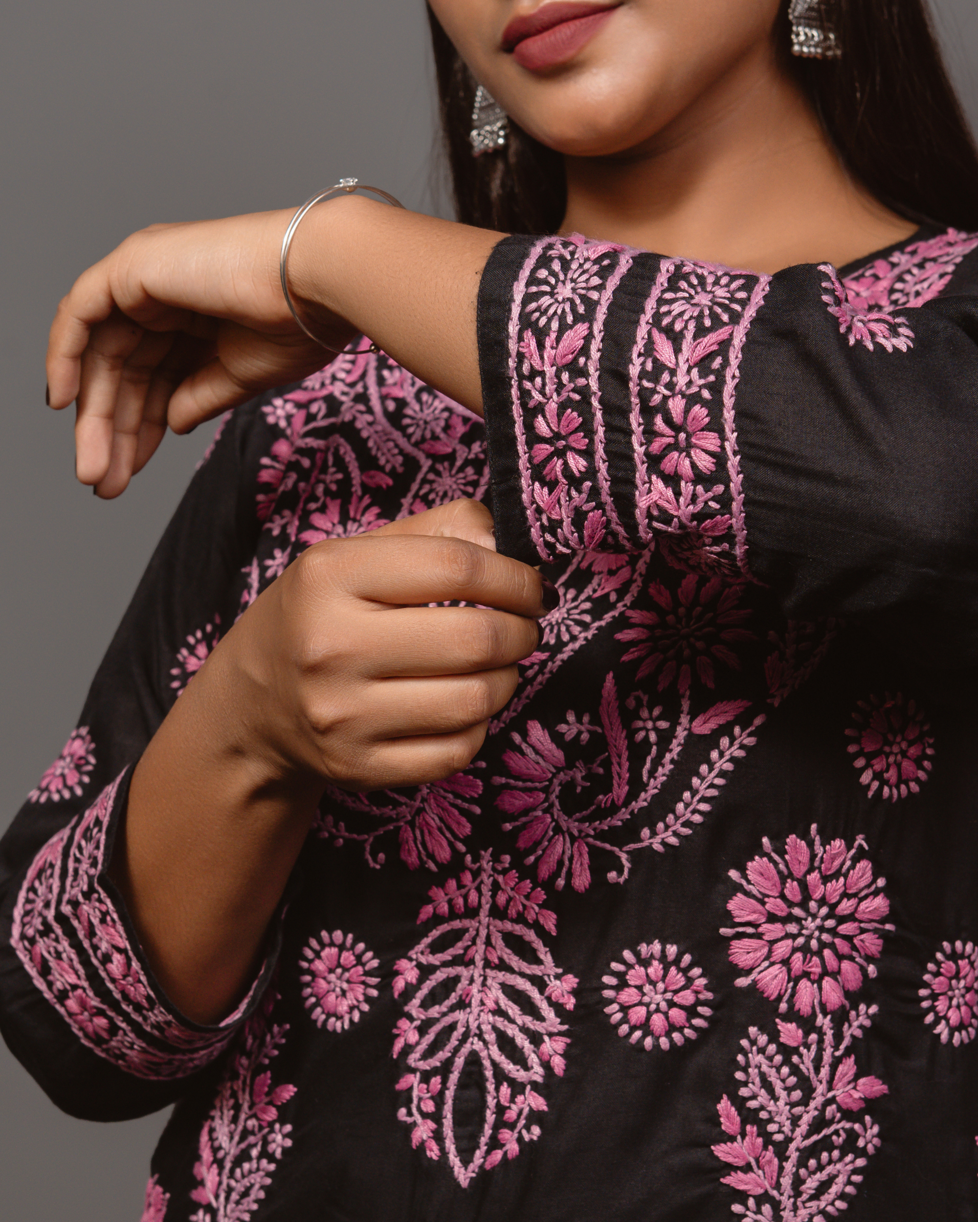 Cotton Chikankari Long Kurta in Black to Pink Embroidery