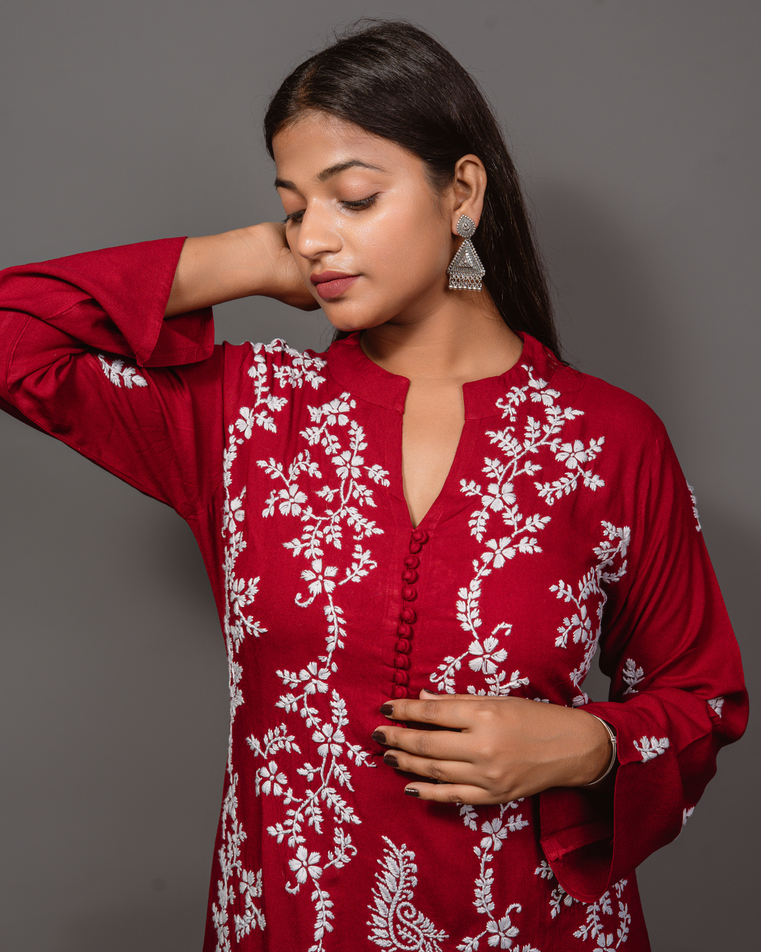 Chikankari Long Kurta In Rayon Cotton - Burgunday