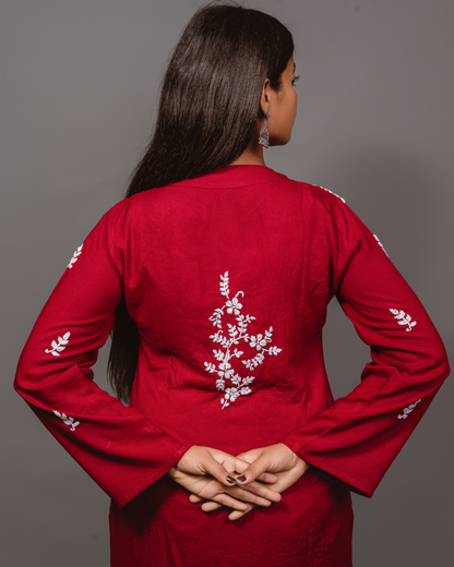 Chikankari Long Kurta In Rayon Cotton - Burgunday