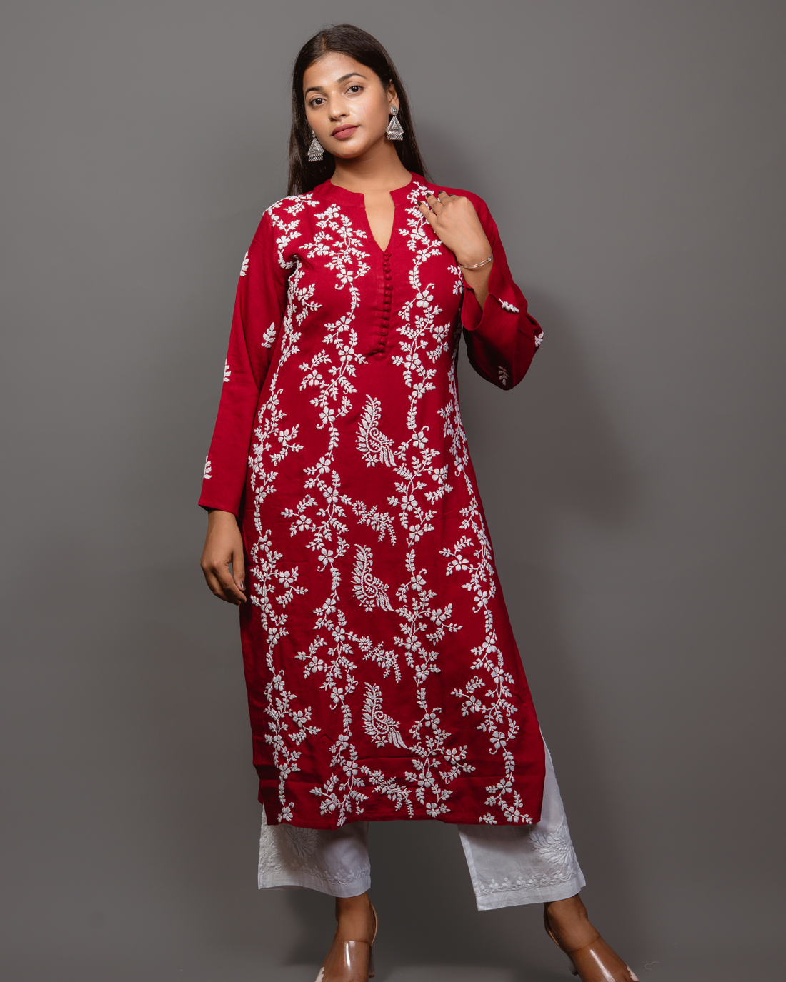 Chikankari Long Kurta In Rayon Cotton - Burgunday