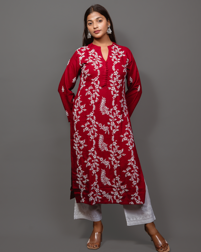 Chikankari Long Kurta In Rayon Cotton - Burgunday