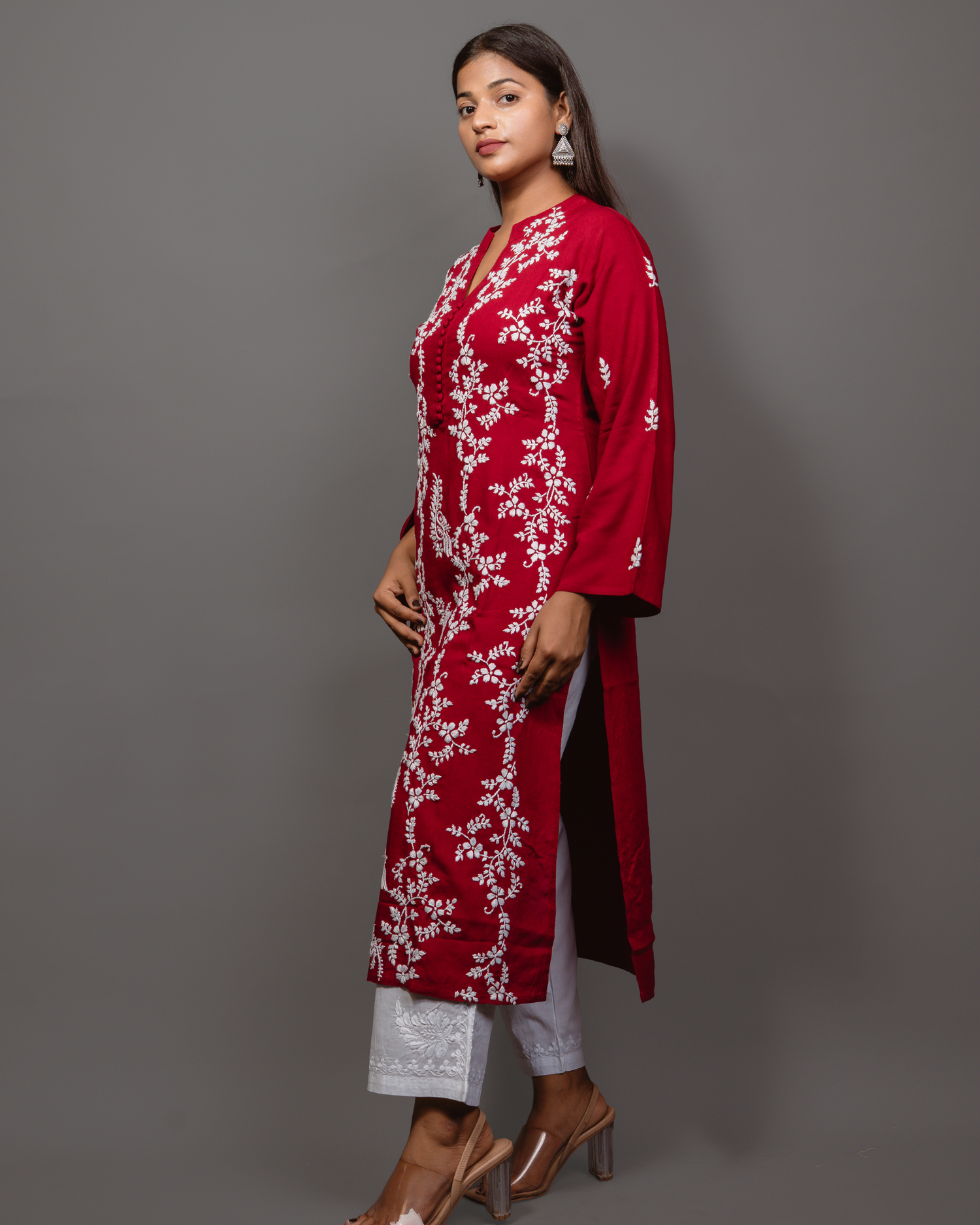 Chikankari Long Kurta In Rayon Cotton - Burgunday
