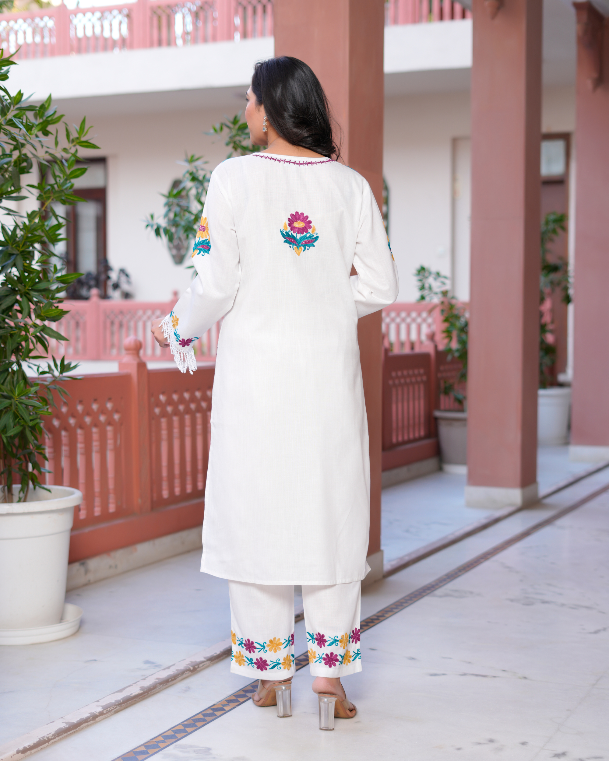 Kashmiri Aari Work Cotton Long Kurta Set - White